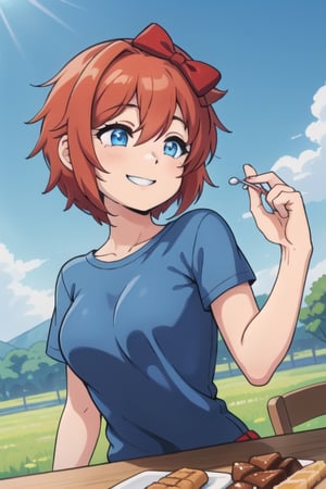 sayori, blue eyes, red hair, hair bow, red bow,bow,short hair,perfec girl,solo_female, outdoors,In front of her is a table with delicious desserts, smiling, wearing a blue t-shirt, happy, a beautiful blue sky and open field,