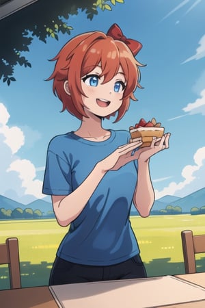 sayori, blue eyes, red hair, hair bow, red bow,bow,short hair,perfec girl,solo_female, outdoors,In front of her is a table with delicious desserts, smiling, wearing a blue t-shirt, happy, a beautiful blue sky and open field,