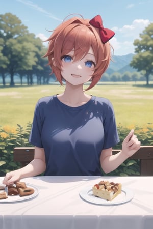 sayori, blue eyes, red hair, hair bow, red bow,bow,short hair,perfec girl,solo_female, outdoors,In front of her is a table with delicious desserts, smiling, wearing a pink t-shirt, happy, a beautiful blue sky and open field.,masterpiece,perfect,photo of perfecteyes eyes