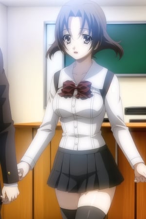  1girl, solo, (young woman, 16 years old), minami obuchi, short_hair, brown_hair, bangs, grey eyes,
BREAK (waist-length skirt), thighhighs, school uniform, shoes, black thighhighs, zettai ryouiki, bow, red bow, white shirt,
BREAK indoors, classroom,
BREAK looking at viewer, standing, solo_female,