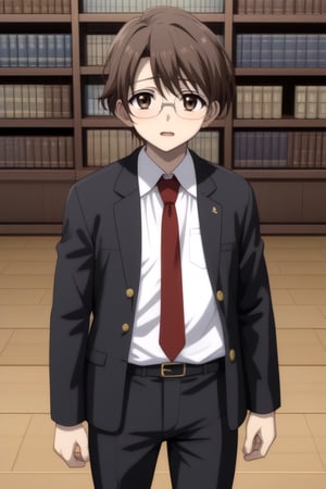 HD, 8k, highres, mantialiasing, Highly detailed, High Quality, masterpiece, beautiful, source_anime, 
BREAK 1boy, male focus, 16 years old, yuuki ashikaga, boy with brown hair, Brown eyes, short hair, nervous look, glasses, Open mouth,
BREAK school uniform, shirt, pants, black jacket, red tie, black pants, 
BREAK inside bookshop, bookshelf, books lying on the floor, computers, desktop,
BREAK looking_at_viewer, front view, standing, Upper body 
