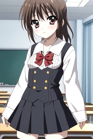 Highly detailed, High Quality, masterpiece, beautiful, source_anime, 1girl, solo, (feminine focus, young woman, 16 years old), Otome Katou, brown hair, brown eyes, medium hair, ponytail, ((tiny_breasts)), school uniform, ((shirt, shirt sleeves:1.5)), long sleeves, white sleeves, (black vest, vest), pleated skirt, ((black skirt, waist-length skirt:1.5)), thighhighs, black thighhighs, zettai ryouiki, cowboy_shot, Front view, looking_at_viewer, classroom, pizzaron, Windows, 