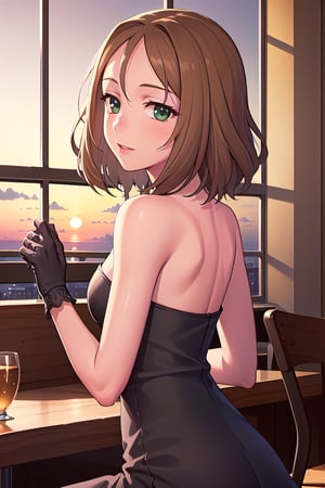 HD, 8k, highres, mantialiasing, Highly detailed, High Quality, masterpiece, beautiful, 1girl, solo, (feminine focus, madure woman, 32 years old), kumi mori, (brown hair, green eyes:1.5), medium hair,
BREAK ((black dress:1.5)), (long dress, side slit, strapless dress, bare shoulders, jewelry, long gloves, lipstick), 
BREAK indoors, ((restaurant, back windows showing a sunset, chair, tables, dark environment:1.5)),
BREAK looking at viewer, sitting, from_front, front_view, full_body,
BREAK (masterpiece:1.2), best quality, high resolution, unity 8k wallpaper, (illustration:0.8), (beautiful detailed eyes:1.6), extremely detailed face, perfect lighting, extremely detailed CG, (perfect hands, perfect anatomy), 
