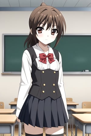 Highly detailed, High Quality, masterpiece, beautiful, source_anime, 1girl, solo, (feminine focus, young woman, 16 years old), Otome Katou, brown hair, brown eyes, medium hair, ponytail, ((tiny_breasts)), school uniform, ((shirt, shirt sleeves:1.5)), long sleeves, white sleeves, (black vest, vest), pleated skirt, ((black skirt, waist-length skirt:1.2)), thighhighs, black thighhighs, zettai ryouiki, cowboy_shot, Front view, looking_at_viewer, classroom, pizzaron, Windows, 