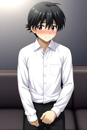 HD, 8k, highres, mantialiasing, Highly detailed, High Quality, masterpiece, beautiful, source_anime, 
BREAK 1boy, male focus, 16 years old, itou makoto, black hair, black eyes, short hair, ((white shirt)), black pants, embarrassed face, blushing,
BREAK inside living room, window, glass, couch, night, dark environment,
BREAK front, Standing, Front view, looking SIDE, solo focus, 