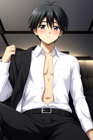 HD, 8k, highres, mantialiasing, Highly detailed, High Quality, masterpiece, beautiful, source_anime, 
BREAK 1boy, male focus, 16 years old, itou makoto, black hair, black eyes, short hair, ((white shirt)), black pants, blushing, ((Open shirt:1.2)),
BREAK room ceiling, couch, night, Windows, dark environment,
BREAK looking at the viewer, lying, Front view, , solo focus,  Focus below, head down,