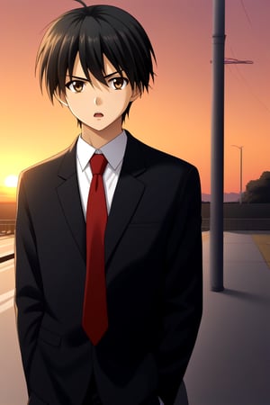 HD, 8k, highres, mantialiasing, Highly detailed, High Quality, masterpiece, beautiful, source_anime, 
BREAK 1boy, solo, male focus, 16 years old, itou makoto, black hair, brown eyes, short hair, Open mouth, serious look,
BREAK school uniform, shirt, pants, black jacket, red tie, black pants, 
BREAK train station, sunset, outside, 
BREAK looking_at_viewer, side view, standing, Upper body,
