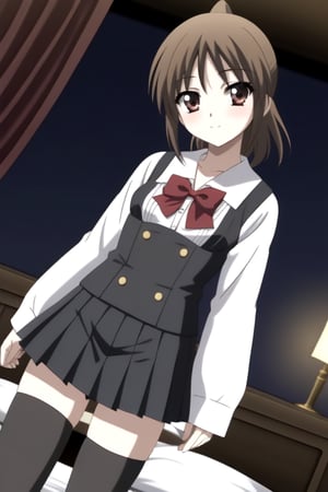 HD, 8k, highres, mantialiasing, Highly detailed, High Quality, masterpiece, beautiful, source_anime, 1girl, solo, (feminine focus, young woman, 16 years old), Otome Katou, brown hair, brown eyes, medium hair, ponytail, ((tiny_breasts)), school uniform, ((shirt sleeves:1.5)), (long sleeves, white sleeves), ((black vest)), pleated skirt, ((black skirt, waist-length skirt:1.2)), thighhighs, black thighhighs, zettai ryouiki, ((dark environment)), curtains, room, bed, cowboy shot, dutch angle,