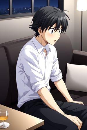 HD, 8k, highres, mantialiasing, Highly detailed, High Quality, masterpiece, beautiful, source_anime, 
BREAK 1boy, male focus, 16 years old, itou makoto, black hair, black eyes, short hair, ((white shirt)), black pants, surprised face,
BREAK inside living room, window, glass, couch, night, dark environment,
BREAK ((on SIDE)), sitting, side view, looking SIDE, solo focus, 