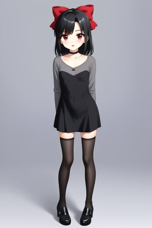 Highly detailed, High Quality, masterpiece, beautiful, 1girl, solo, (feminine focus, young woman, 16 years old), Setsuna Kiyoura, black hair, red eyes, hair bow, red bow, tiny breasts, BREAK grey t-shirt, grey long sleeves, turtle neck, ((black dress)), black stockings,
BREAK front view, standing, (Focus face), full_body, leaning_forward,