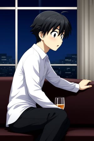 HD, 8k, highres, mantialiasing, Highly detailed, High Quality, masterpiece, beautiful, source_anime, 
BREAK 1boy, male focus, 16 years old, itou makoto, black hair, black eyes, short hair, ((white shirt)), black pants, surprised face,
BREAK inside living room, window, glass, couch, night, dark environment,
BREAK ((on SIDE)), sitting, side view, looking SIDE, solo focus, 