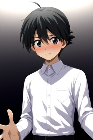 HD, 8k, highres, mantialiasing, Highly detailed, High Quality, masterpiece, beautiful, source_anime, 
BREAK 1boy, male focus, 16 years old, itou makoto, black hair, black eyes, short hair, ((white shirt)), black pants, embarrassed face, blushing,
BREAK room ceiling,  dark environment,
BREAK front, Standing, Front view, looking SIDE, solo focus,  reaching towards viewer, 