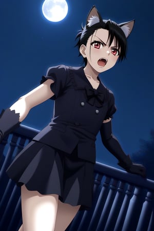 HD, 8k, highres, mantialiasing, Highly detailed, High Quality, masterpiece, beautiful, source_anime,
BREAK night, dark environment, moonlit sky, starry night, moon,
BREAK 1girl, solo, (madure woman, 30 years old), Mai Kiyoura, short hair, black hair, red eyes, flat chest,
BREAK werewolf, furry, fangs, animal ears, gloves, angry, teeth, animal ear fluff, open mouth, cowboy shot, dutch_angle