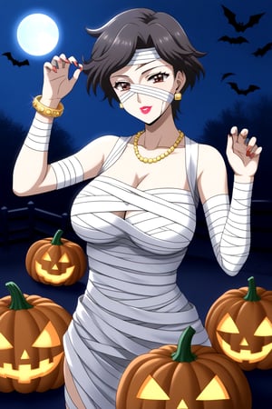 HD, 8k, highres, mantialiasing, Highly detailed, High Quality, masterpiece, beautiful, source_anime,
BREAK pumpkin patch, night, dark environment, moonlit sky, flying bats, halloween magic, starry night,  jack-o’-lanterns,
BREAK 1Girl, mature woman, 30 years old, Manami Katsura, black hair, short hair, brown eyes, makeup, lipstick, earrings, necklace, bracelet,
BREAK mummy costume, bandages, halloween costume, bandaged arm, zombie pose, bandage on face,