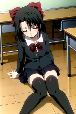 Highly detailed, High Quality, Masterpiece, beautiful,
BREAK 1girl, (solo:1.5), (young woman), (16 old), setsuna kiyoura, black hair, (closed eyes), hair bow, red bow, short hair,
BREAK skirt, thighhighs, school uniform, black thighhighs, zettai ryouiki, bow, red bow, black jacket,
BREAK (background of a classroom floor:1.5),
BREAK looking_at_viewer, (sleeping, lay down:1.4), from_side,