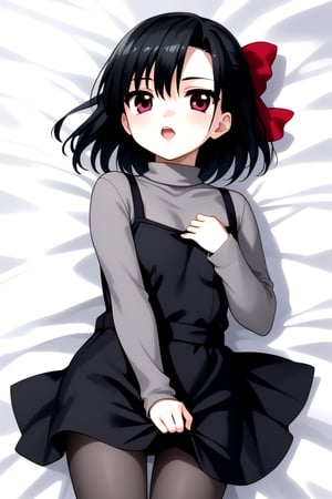 Highly detailed, High Quality, masterpiece, beautiful, 1girl, solo, (feminine focus, young woman, 16 years old), Setsuna Kiyoura, black hair, red eyes, hair bow, red bow, tiny breasts, short hair, :o, Open mouth,
BREAK grey t-shirt, grey long sleeves, turtle neck, lift dress,
BREAK bedroom,
BREAK looking_at_viewer, ((lying_down)), far_from_viewer, side view, full_body,