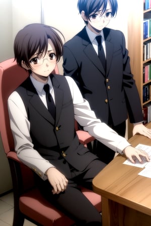 A stunning masterpiece capturing the serenity of a school library interior. In the center, a handsome young man, dressed in Yuu Ashikaga's uniform, sits at a desk with a book open before him. His short brown hair and glasses frame his contemplative expression, as he gazes down at the pages. The soft lighting highlights the contours of his face, with brown eyes gleaming softly behind his lenses. His formal attire, complete with black dress pants, jacket, white shirt, and necktie, exudes a sense of maturity and responsibility. The room's atmosphere is tranquil, with chairs and books surrounding him, as he becomes one with the written word.