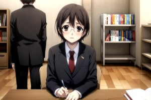 Highly detailed, High Quality, Masterpiece, beautiful,
BREAK 1boy, (solo), (young man), (16 old), yuu ashikaga uniform, short hair, brown hair, (male focus, male chest),  (brown eyes), look of shame,
BREAK school library interior,
BREAK long sleeves, school uniform, red necktie, suit, black dress pants, black jacket, white shirt peeking out,
BREAK looking_at_viewer, (focus face), Study while sitting in a chair, Focus on the task at your desk, head tilt, (glasses on the desk),