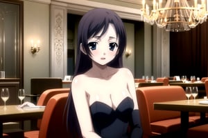 Highly detailed, High Quality, masterpiece, beautiful,
BREAK 1girl, solo, (young woman, 16 years old), roka kitsuregawa, (long hair), purple hair, blue eyes,
BREAK (bare shoulders, black dress, black sleeves, neckline), (medium breasts), 
BREAK (background of a luxurious restaurant, chandelier:1.5),
BREAK looking_at_viewer, sit, focus breasts, sitting in an elegant chair in front of a table with candles, 