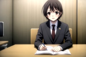 Highly detailed, High Quality, Masterpiece, beautiful,
BREAK 1boy, (solo), (young man), (16 old), yuu ashikaga uniform, short hair, brown hair, (male focus, male chest),  (brown eyes), look of shame,
BREAK school library interior,
BREAK long sleeves, school uniform, red necktie, suit, black dress pants, black jacket, white shirt peeking out,
BREAK looking_at_viewer, (focus face), Study while sitting in a chair, Focus on the task at your desk, head tilt, 