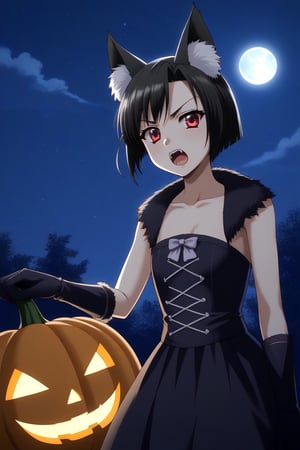 HD, 8k, highres, mantialiasing, Highly detailed, High Quality, masterpiece, beautiful, source_anime,
BREAK pumpkin patch, night, dark environment, moonlit sky, flying bats, halloween magic, starry night, moon,
BREAK 1girl, solo, (madure woman, 30 years old), Mai Kiyoura, short hair, black hair, red eyes, flat chest,
BREAK werewolf, furry, fangs, animal ears, gloves, angry, teeth, animal ear fluff, open mouth, from SIDE, on SIDE, ((Focus waist:1.5)), looking_at_viewer