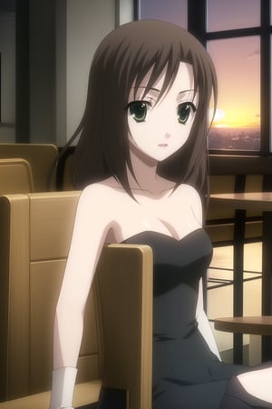 HD, 8k, highres, mantialiasing, Highly detailed, High Quality, masterpiece, beautiful, 1girl, solo, (feminine focus, madure woman, 32 years old), kumi mori, (brown hair, green eyes:1.5), medium hair,
BREAK ((black dress:1.5)), (long dress, side slit, strapless dress, bare shoulders, jewelry, long gloves, lipstick), 
BREAK indoors, ((restaurant, windows showing a sunset, chair, tables, dark environment:1.5)),
BREAK looking_at_viewer, sitting, full_body, ((Focus breasts)), 