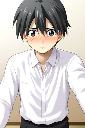 HD, 8k, highres, mantialiasing, Highly detailed, High Quality, masterpiece, beautiful, source_anime, 
BREAK 1boy, male focus, 16 years old, itou makoto, black hair, black eyes, short hair, ((white shirt)), black pants, embarrassed face, blushing,
BREAK room ceiling,  dark environment,
BREAK front, Standing, Front view, looking SIDE, solo focus,  reaching towards viewer, pov,kabedon pov,kabedon on viewer