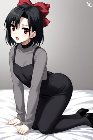 Highly detailed, High Quality, masterpiece, beautiful, 1girl, solo, (feminine focus, young woman, 16 years old), Setsuna Kiyoura, black hair, red eyes, hair bow, red bow, tiny breasts, short hair, :o, Open mouth,
BREAK grey t-shirt, grey long sleeves, turtle neck, (dress),
BREAK bedroom,
BREAK looking_back, far_from_viewer, side view, (full_body), all-fours, from_behind, focus ass, back view,