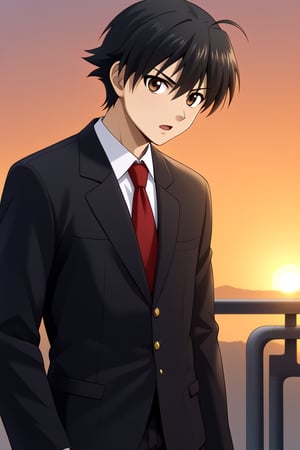 HD, 8k, highres, mantialiasing, Highly detailed, High Quality, masterpiece, beautiful, source_anime, 
BREAK 1boy, solo, male focus, 16 years old, itou makoto, black hair, brown eyes, short hair, Open mouth, serious look,
BREAK school uniform, shirt, pants, black jacket, red tie, black pants, 
BREAK train station, sunset, outside, 
BREAK looking_at_viewer, side view, standing, Upper body,
