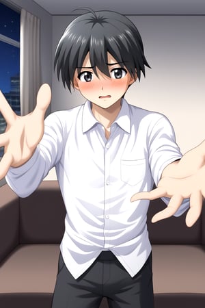 HD, 8k, highres, mantialiasing, Highly detailed, High Quality, masterpiece, beautiful, source_anime, 
BREAK 1boy, male focus, 16 years old, itou makoto, black hair, black eyes, short hair, ((white shirt)), black pants, embarrassed face, blushing,
BREAK inside living room, window, glass, couch, night, dark environment,
BREAK front, Standing, Front view, looking SIDE, solo focus,  reaching towards viewer, pov,