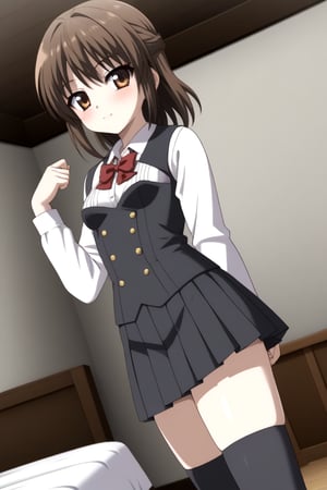 HD, 8k, highres, mantialiasing, Highly detailed, High Quality, masterpiece, beautiful, source_anime, 
BREAK 1girl, solo, (feminine focus, young woman, 16 years old), Otome Katou, brown hair, brown eyes, medium hair,  ((tiny_breasts)), 
BREAK school uniform, ((shirt:1.5)), long sleeves, white sleeves, ((black vest)), pleated skirt, ((black skirt, waist-length skirt:1.2)), thighhighs, black thighhighs, zettai ryouiki, 
BREAK ((dark environment)), curtains, room, bed, 
BREAK front view, on_knees, looking_at_viewer, dutch angle, upper_body, Focus breasts,