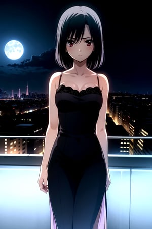 In this masterpiece, Setuna Kiyoura, a stunning young woman with black hair and piercing red eyes, dons a short hairstyle adorned with a bright red bow. Her expression reveals a look of subtle disappointment, as if she's been let down. Framed against the breathtaking backdrop of a Parisian cityscape at night, with the moon hanging low in the sky. She stands solo, focused intently on the viewer, wearing a translucent sky blue nightgown that seems to glow in the soft lighting. The overall atmosphere is one of elegance and poise, as if she's about to share a secret only with us.