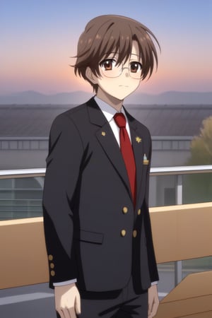 HD, 8k, highres, mantialiasing, Highly detailed, High Quality, masterpiece, beautiful, source_anime, 
BREAK 1boy, solo, male focus, yuuki ashikaga, brown hair, Brown eyes, ((short hair)), nervous look, 
BREAK school uniform, shirt, pants, black jacket, red tie, black pants, long pants, glasses,
BREAK train station, sunset, outside
BREAK front view, standing, Upper body, From SIDE,