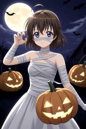 HD, 8k, highres, mantialiasing, Highly detailed, High Quality, masterpiece, beautiful, source_anime,
BREAK pumpkin patch, night, dark environment, moonlit sky, flying bats, halloween magic, starry night,  jack-o’-lanterns,
BREAK 1Girl, young woman, 16 years old, Sekai Saionji, dark brown hair, blue eyes, ahoge, short hair, 
BREAK mummy costume, bandages, halloween costume, bandaged arm, zombie pose, bandage on face,