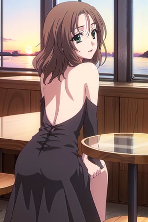 HD, 8k, highres, mantialiasing, Highly detailed, High Quality, masterpiece, beautiful, 1girl, solo, (feminine focus, madure woman, 32 years old), kumi mori, (brown hair, green eyes:1.5), medium hair,
BREAK ((black dress:1.5)), (long dress, side slit, strapless dress, bare shoulders, jewelry, long gloves, lipstick), 
BREAK indoors, ((restaurant, back windows showing a sunset, chair, tables, dark environment:1.5)),
BREAK looking back, sitting, from_behind, back_view, full_body, Focus ass,
BREAK (masterpiece:1.2), best quality, high resolution, unity 8k wallpaper, (illustration:0.8), (beautiful detailed eyes:1.6), extremely detailed face, perfect lighting, extremely detailed CG, (perfect hands, perfect anatomy), 