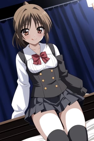 HD, 8k, highres, mantialiasing, Highly detailed, High Quality, masterpiece, beautiful, source_anime, 1girl, solo, (feminine focus, young woman, 16 years old), Otome Katou, brown hair, brown eyes, medium hair, ponytail, ((tiny_breasts)), school uniform, ((shirt sleeves:1.5)), (long sleeves, white sleeves), ((black vest)), pleated skirt, ((black skirt, waist-length skirt:1.2)), thighhighs, black thighhighs, zettai ryouiki, ((dark environment)), curtains, room, bed, ((on_knees)), dutch angle, ((sticking_out_tongue)), full_body,