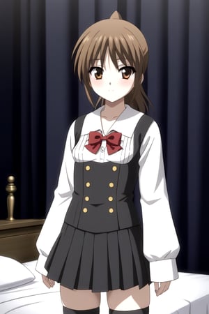 HD, 8k, highres, mantialiasing, Highly detailed, High Quality, masterpiece, beautiful, source_anime, 1girl, solo, (feminine focus, young woman, 16 years old), Otome Katou, brown hair, brown eyes, medium hair, ponytail, ((tiny_breasts)), school uniform, ((shirt sleeves:1.5)), (long sleeves, white sleeves), ((black vest)), pleated skirt, ((black skirt, waist-length skirt:1.2)), thighhighs, black thighhighs, zettai ryouiki, ((dark environment)), curtains, room, bed, cowboy shot, dutch angle,