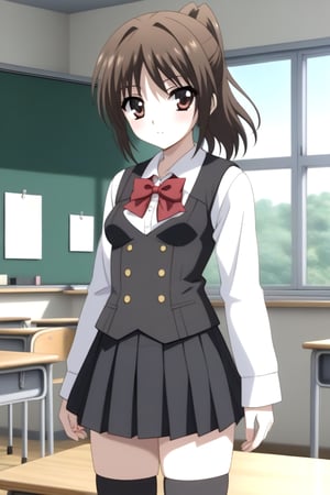 Highly detailed, High Quality, masterpiece, beautiful, source_anime, 1girl, solo, (feminine focus, young woman, 16 years old), Otome Katou, brown hair, brown eyes, medium hair, ponytail, ((tiny_breasts)), school uniform, ((shirt, shirt sleeves)), long sleeves, white sleeves, (black vest, vest), pleated skirt, ((black skirt, waist-length skirt:1.2)), thighhighs, black thighhighs, zettai ryouiki, cowboy_shot, Front view, looking_at_viewer, classroom, pizzaron, Windows, 