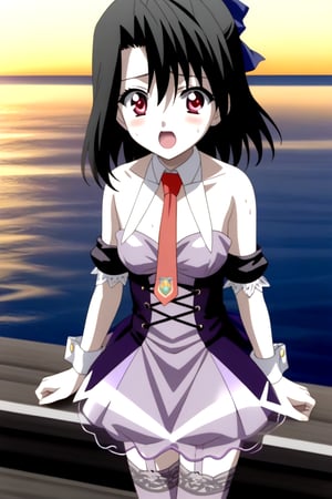 Highly detailed, High Quality, masterpiece, beautiful, source_anime, 1girl, solo, (young woman), (16 old), Setsuna Kiyoura, black hair, red eyes, short_hair, tiny breasts, surprised face, excited, flushed cheeks, bright pupils, apricot eyes, Uniform Radish, bare shoulders, necktie, red necktie, detached collar, corset, detached sleeve, thighhighs, dress, ((purple dress)), (miniskirt, transparent skirt), wrist_cuff, on_knees, nervous, sweating, O-face, ocean, sunset, near pier, Front view, full_body,