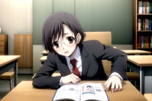 Highly detailed, High Quality, Masterpiece, beautiful,
BREAK 1boy, (solo), (young man), (16 old), yuu ashikaga uniform, short hair, brown hair, (male focus, male chest),  (brown eyes), look of shame,
BREAK school library interior,
BREAK long sleeves, school uniform, red necktie, suit, black dress pants, black jacket, white shirt peeking out,
BREAK looking_at_viewer, (focus face), Study while sitting in a chair, Focus on the task at your desk, head tilt, (glasses on the desk),