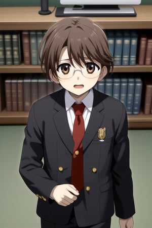 HD, 8k, highres, mantialiasing, Highly detailed, High Quality, masterpiece, beautiful, source_anime, 
BREAK 1boy, male focus, 16 years old, yuuki ashikaga, boy with brown hair, Brown eyes, short hair, nervous look, glasses, Open mouth,
BREAK school uniform, shirt, pants, black jacket, red tie, black pants, 
BREAK inside bookshop, bookshelf, books lying on the floor, computers, desktop,
BREAK looking_at_viewer, front view, standing, Upper body 
