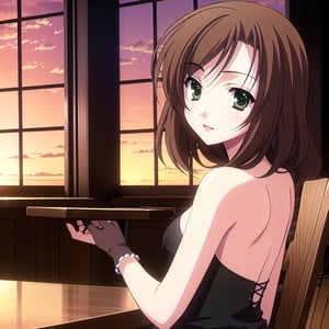 HD, 8k, highres, mantialiasing, Highly detailed, High Quality, masterpiece, beautiful, 1girl, solo, (feminine focus, madure woman, 32 years old), kumi mori, (brown hair, green eyes:1.5), medium hair,
BREAK ((black dress:1.5)), (long dress, side slit, strapless dress, bare shoulders, jewelry, long gloves, lipstick), 
BREAK indoors, ((restaurant, back windows showing a sunset, chair, tables, dark environment:1.5)),
BREAK looking at viewer, sitting, from_front, front_view, full_body,
BREAK (masterpiece:1.2), best quality, high resolution, unity 8k wallpaper, (illustration:0.8), (beautiful detailed eyes:1.6), extremely detailed face, perfect lighting, extremely detailed CG, (perfect hands, perfect anatomy), 