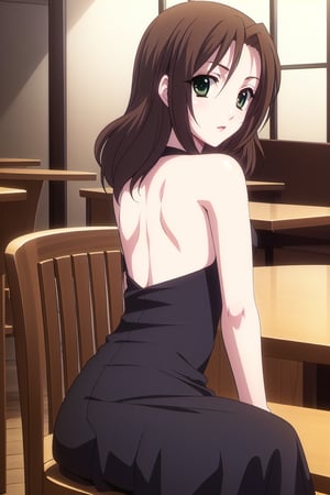 HD, 8k, highres, mantialiasing, Highly detailed, High Quality, masterpiece, beautiful, 1girl, solo, (feminine focus, madure woman, 32 years old), kumi mori, (brown hair, green eyes:1.5), medium hair,
BREAK ((black dress:1.5)), (long dress, side slit, strapless dress, bare shoulders, jewelry, long gloves, lipstick), 
BREAK indoors, ((restaurant, back windows showing a sunset, sitting in a chair, tables, dark environment)),
BREAK looking at viewer, sitting, from_front, front_view, full_body,
BREAK (masterpiece:1.2), best quality, high resolution, unity 8k wallpaper, (illustration:0.8), (beautiful detailed eyes:1.6), extremely detailed face, perfect lighting, extremely detailed CG, (perfect hands, perfect anatomy), 