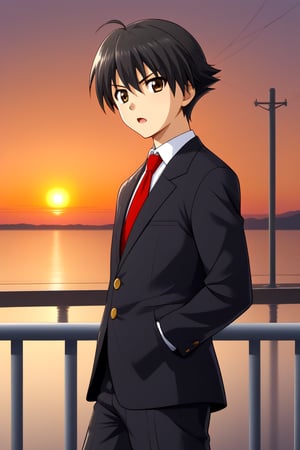 HD, 8k, highres, mantialiasing, Highly detailed, High Quality, masterpiece, beautiful, source_anime, 
BREAK 1boy, solo, male focus, 16 years old, itou makoto, black hair, brown eyes, short hair, Open mouth, serious look,
BREAK school uniform, shirt, pants, black jacket, red tie, black pants, 
BREAK train station, sunset, outside, 
BREAK looking_at_viewer, side view, standing, Upper body,
