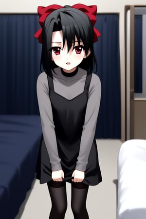 Highly detailed, High Quality, masterpiece, beautiful, 1girl, solo, (feminine focus, young woman, 16 years old), Setsuna Kiyoura, black hair, red eyes, hair bow, red bow, tiny breasts, BREAK grey t-shirt, grey long sleeves, turtle neck, ((black dress)), black stockings,
BREAK front view, standing, (Focus face), full_body, leaning_forward,