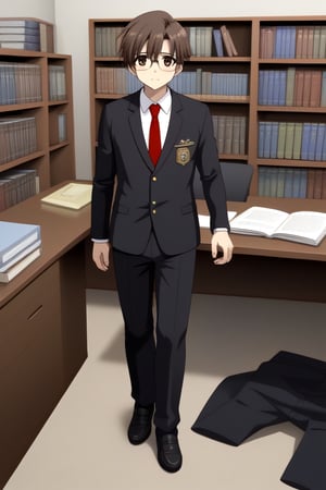 HD, 8k, highres, mantialiasing, Highly detailed, High Quality, masterpiece, beautiful, source_anime, 
BREAK 1boy, male focus, 16 years old, yuuki ashikaga, boy with brown hair, Brown eyes, short hair, nervous look, glasses,
BREAK school uniform, shirt, pants, black jacket, red tie, black pants, 
BREAK inside bookshop, bookshelf, books lying on the floor, computers, desktop,
BREAK looking_at_viewer, front view, standing,
