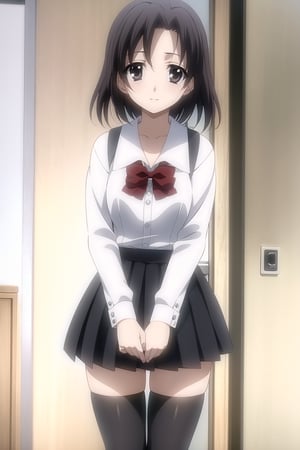  1girl, solo, (young woman, 16 years old), minami obuchi, short_hair, brown_hair, bangs, grey eyes,
BREAK (waist-length skirt), thighhighs, school uniform, shoes, black thighhighs, zettai ryouiki, bow, red bow, white shirt,
BREAK looking at viewer, standing, solo_female,