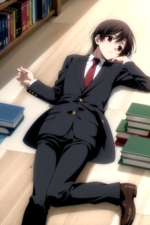 Highly detailed, High Quality, Masterpiece, beautiful,
BREAK 1boy, (solo:1.5), (young man), (16 old), yuu ashikaga uniform, short hair, brown hair, (male focus, male chest),  (brown eyes:1.5), 
BREAK school library interior, desk, chairs, books on the desk,
BREAK long sleeves, school uniform, necktie, bag, formal, suit, black dress pants, black shoes, black jacket, white shirt peeking out,
BREAK looking_down, (focus face), (boy lying on the floor next to several books and chairs lying near him:1.5),