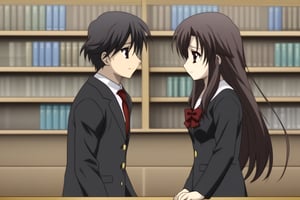 HD, 8k, highres, mantialiasing, Highly detailed, High Quality, masterpiece, beautiful, source_anime, 
BREAK 1boy, yuuki ashikaga, boy with brown hair, Brown eyes, short hair, nervous look, school uniform, shirt, pants, black jacket, red tie, black pants, 
BREAK inside bookshop, bookshelf, computers, desktop,
BREAK 1girl, kotonoha katsura, purple eyes, black hair, long hair, school uniform, 
BREAK side view, standing, Upper body, 
