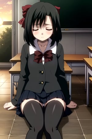 Highly detailed, High Quality, Masterpiece, beautiful,
BREAK 1girl, (solo:1.5), (young woman), (16 old), setsuna kiyoura, black hair, (closed eyes:1.5), hair bow, red bow, short hair,
BREAK skirt, thighhighs, school uniform, shoes, black thighhighs, zettai ryouiki, bow, red bow, black jacket,
BREAK (background of a classroom floor:1.5),
BREAK looking_at_viewer, (class room desk, stationaly,  sleeping, sunset, lay down:1.5), 
